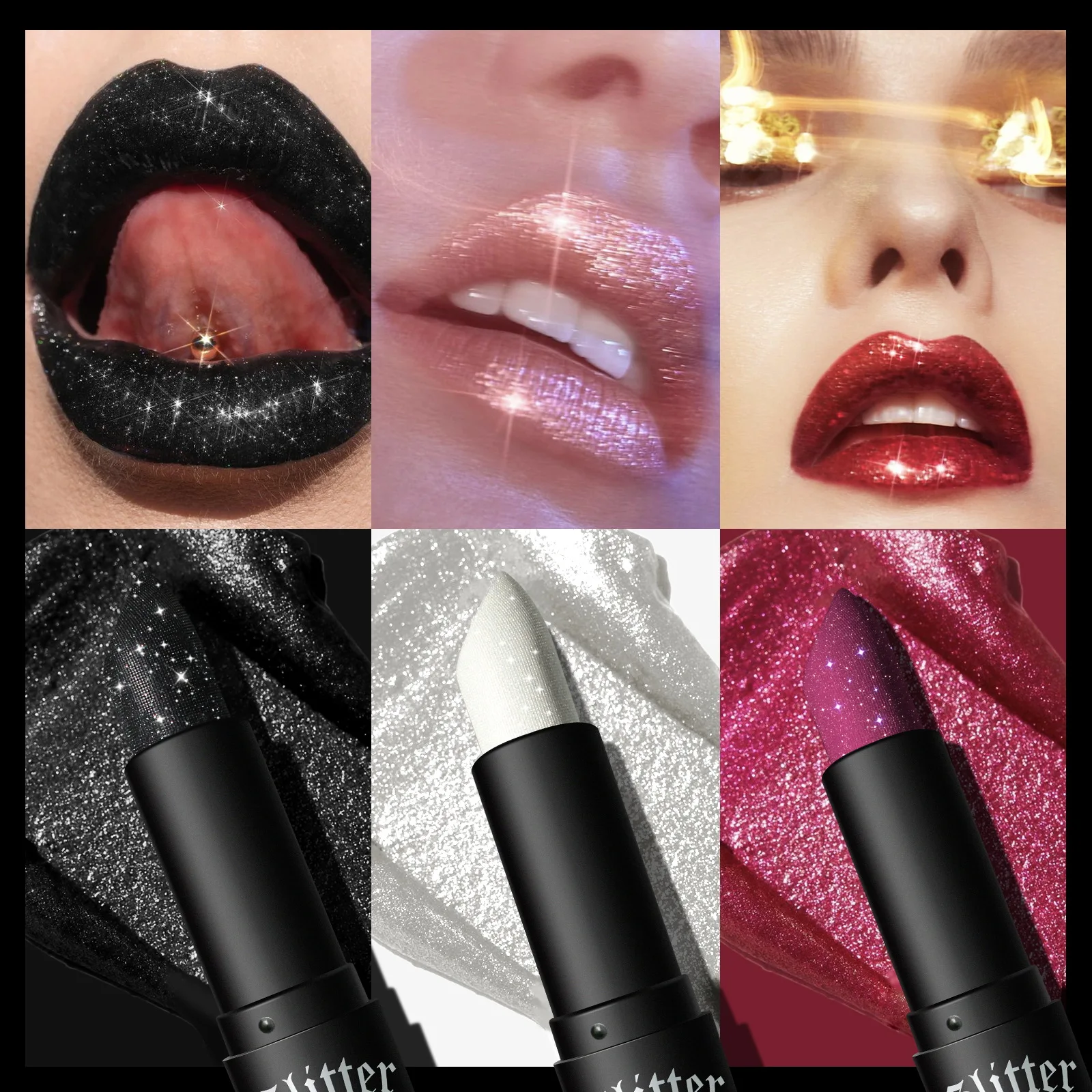 7Colors Glitter Lipstick Waterproof Long Lasting Diamond Pearlescent Metallic Lipstick Black Lipgloss Women Lips Makeup Cosmetic