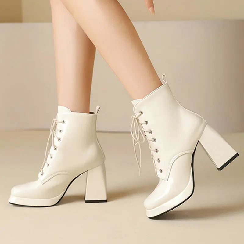 2024 Women Ankle Boots Platform Thick High Heel Ladies Short Boots PU Leathe Square Toe Cross Tied Dress Women's Boots Big Size