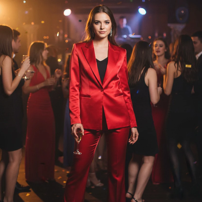 

YAMBABEL Women's Red Acetate Satin Suit Set: Single-Button Blazer with Dual Pockets & Wide Leg Trousers, Work to Evening Outfit