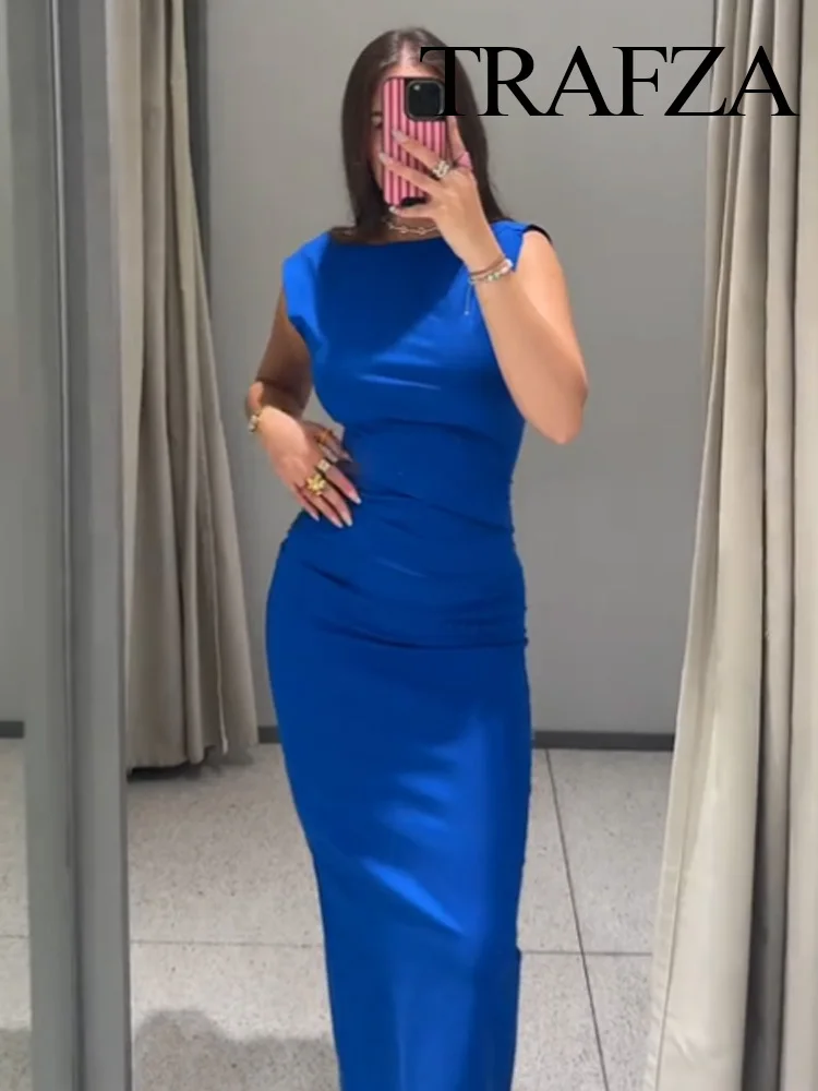 

HH Woman Summer Solid Crew neck Elegant Flax Opening Design Sleeveless Midi Dress Female Sexy Zipper Split Hem Long Dress