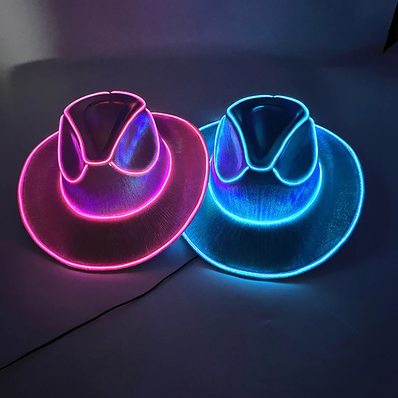 

2023 Halloween Christmas Decor Hat Luminous Rave Party Pearlescent Cowboy Cowgirl LED Hat Lighting Up In The Dark Night