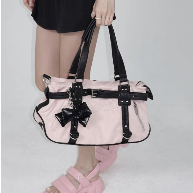 pink Korean niche design ins blogger same style sweet and cool style belt tote bag casual nylon cloth shoulder bag image 2