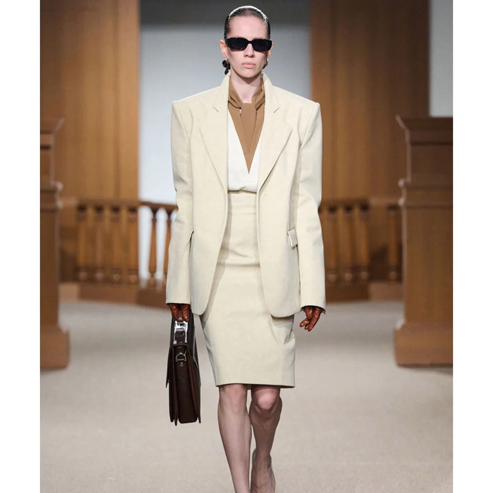 Minimalist Neutral Style Light Beige Woemn's Notch Lapel Blazer&Waist Skirts 2 Piece Set Loose Fit Office Casual Female Outfit