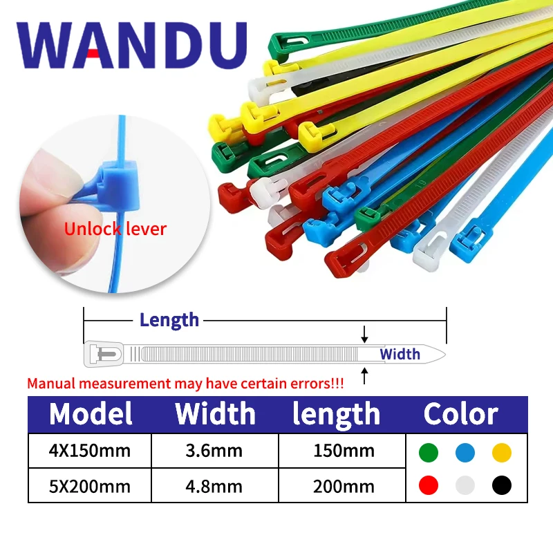 Immagine 3: Fascette per cavi riutilizzabili da 100 pezzi Fascette per cavi Wandu Fascette in nylon rimovibili 3.6/4.8*150mm riciclabili, colori misti Nero Bianco