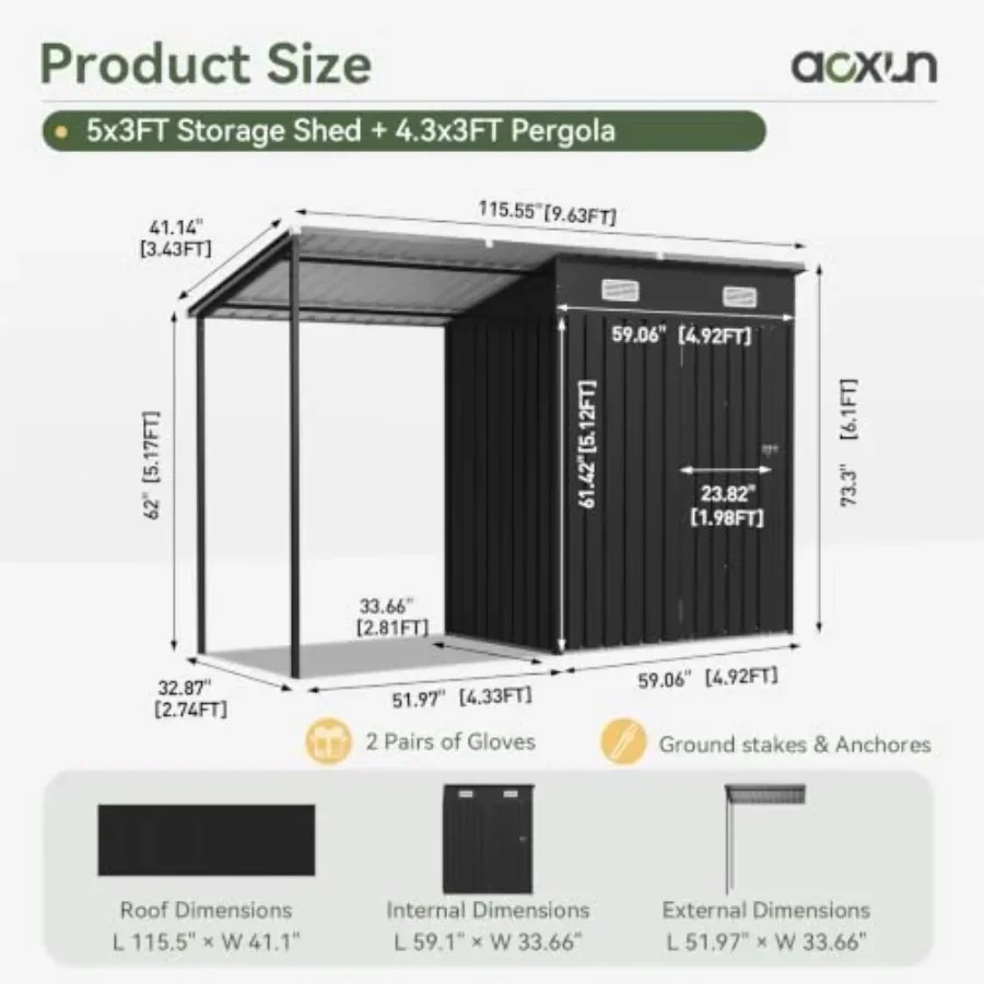 Outdoor storage shed gazebo combo for backyard use, galvanized steel frame, charcoal gray, weather-resistant and easy assembly