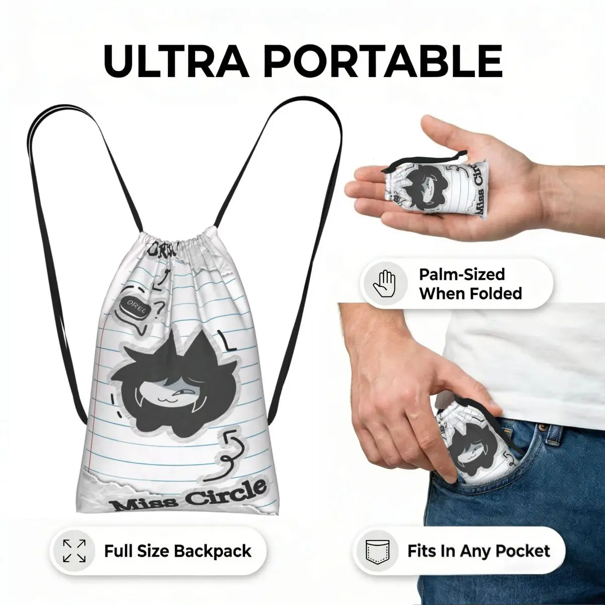 Miss Circle Cartoon Drawstring Backpack hiking cycling Bag Lightweight Foldable Storage Drawstring Bag for Men Women