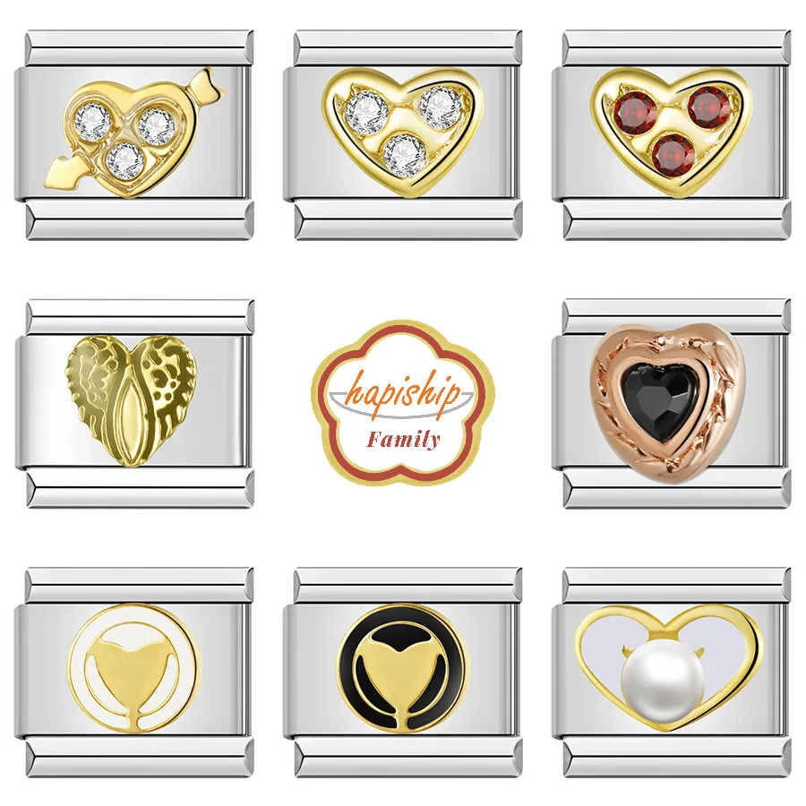 Hapiship 2024ครอบครัวผู้หญิงแฟชั่นหัวใจเงางาม CZ เสน่ห์เชื่อมโยงพอดี9มิลลิเมตรสแตนเลสทำ DIY เครื่องประดับผู้หญิง NEW057