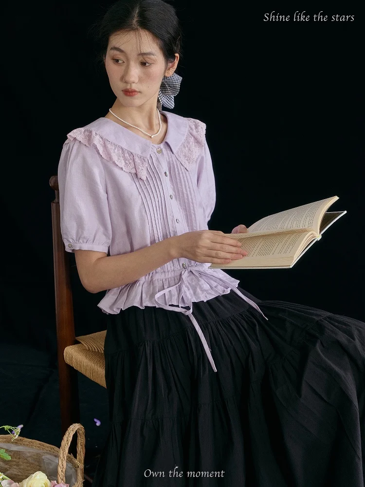 

Женская премиальная льняная блузка MayMaroon French Sle с воротником, приталенная, однотонная, с эффектом утяжки на талии