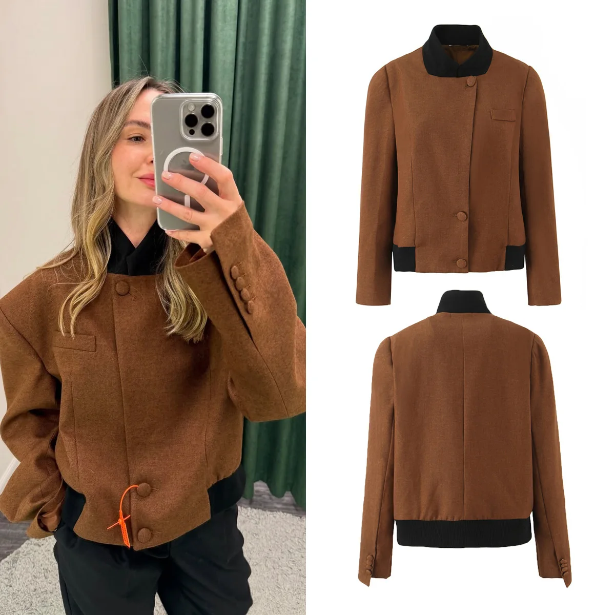 

Шикарная женская контрастная свободная куртка-бомбер, элегантный воротник-стойка, однобортное пальто с длинными рукавами, осенняя женская уличная верхняя одежда