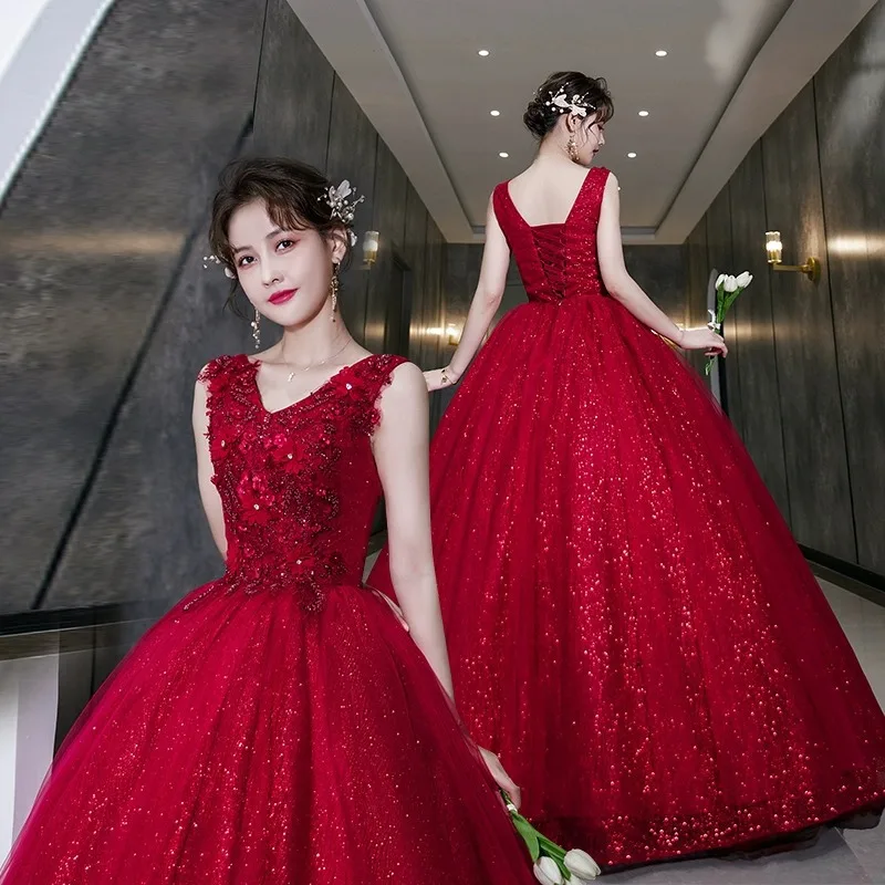 Sleeveless Wine Red Toast Dress For Brides Summer Style Starry Sky Wedding Bridesmaid Performance Evening Gown Customized