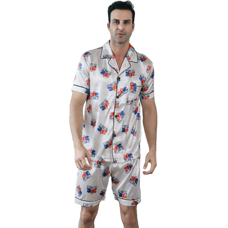 Pyjama à Manches Courtes en Soie Glacée pour Homme Vêtement d'Été Décontracté Cardigan Fin Peut Être Porté comme Ensemble