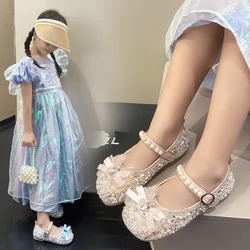 Children's Toddler Sandals Blue Leather Glitter Diamond Bow Girls Baby Single Shoes 3-12 Years Old Pink Non-slip Kids Baby Shoes