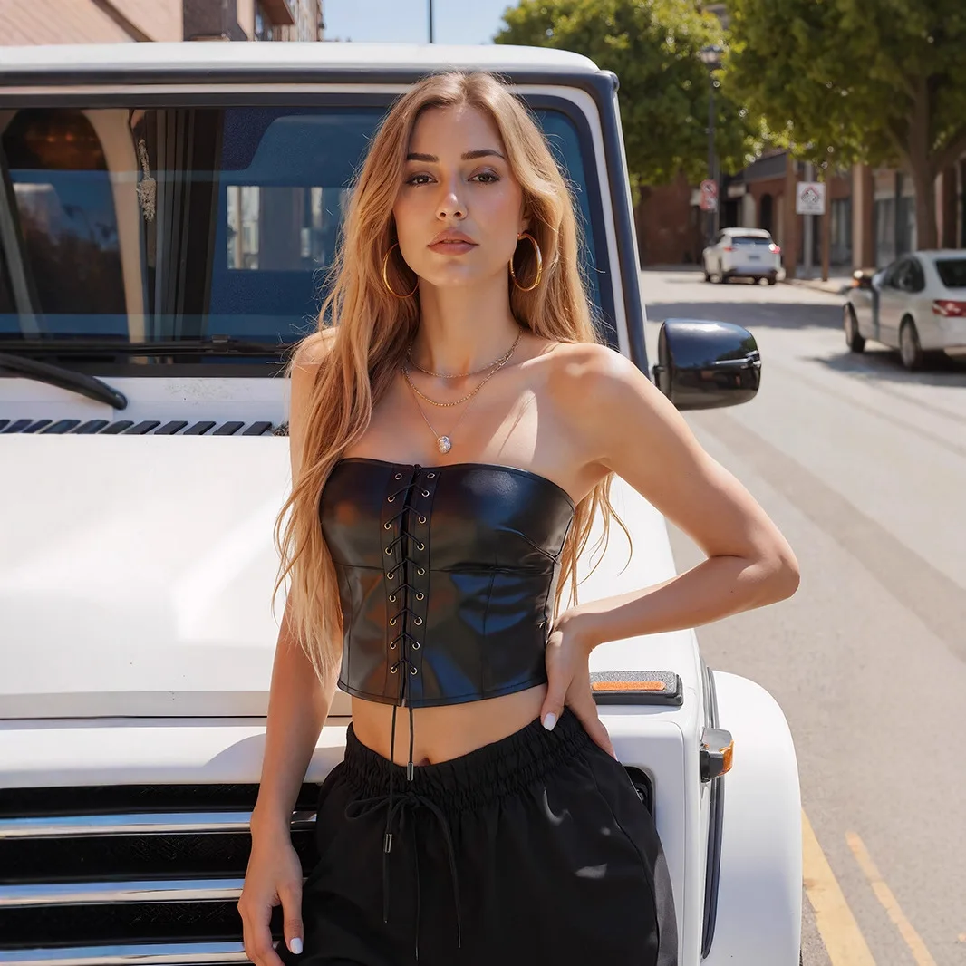 Retro PU Leather Crop Top Vest Women's Outerwear Tight Fitting ort Sle Trendy Hot Girl Bandage Tubel Cotton Material