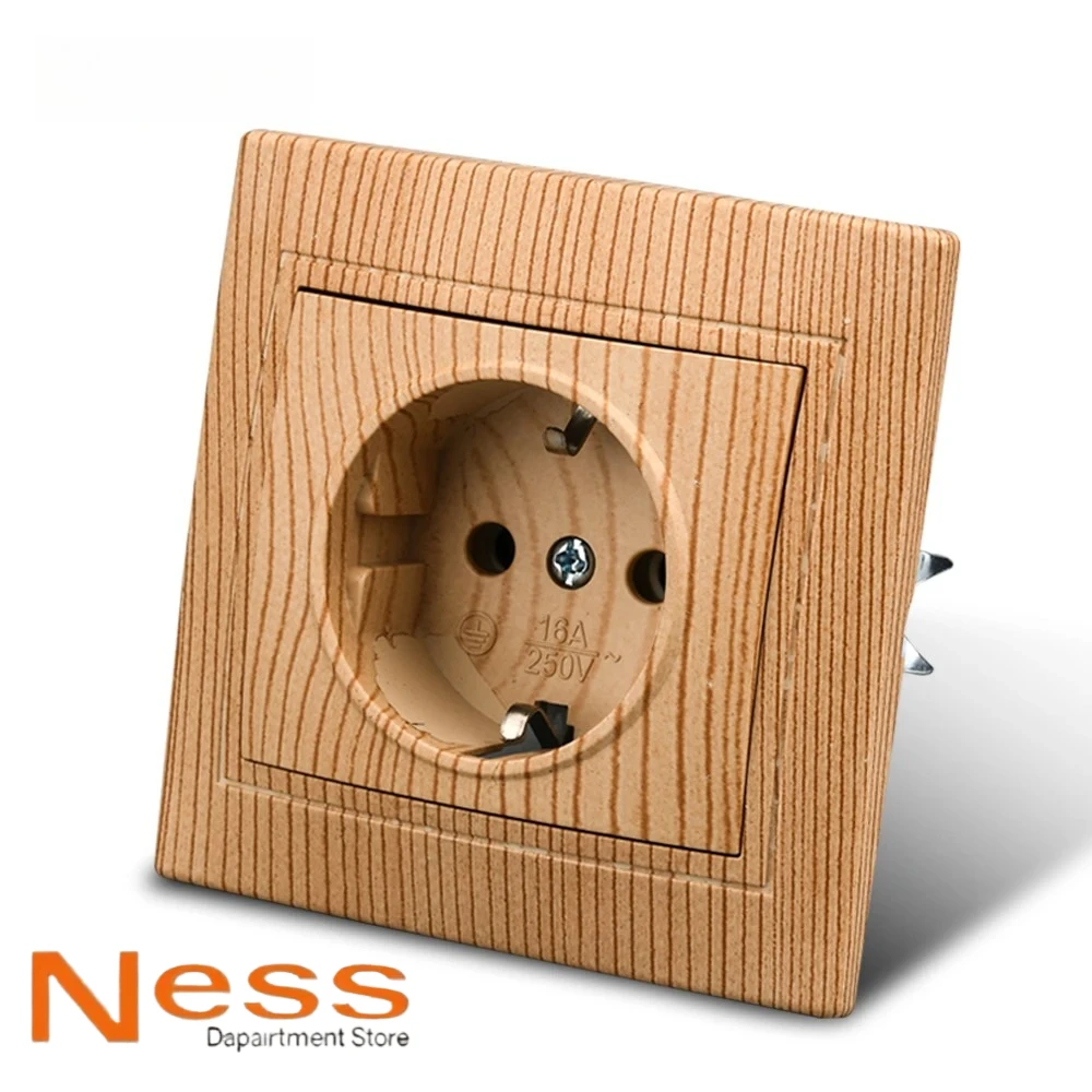 NESS Wood Power Socket European Standard Wall Socket Electrical Outlett Not Ground Embedded Plug Flame Retardant Plastic Panel