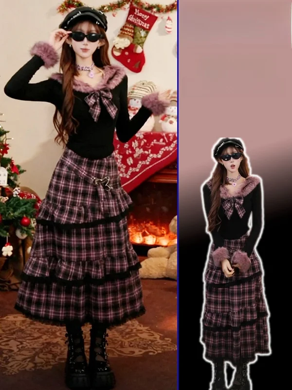 

Комплект из теплой меховой юбки в клетку больших размеров и топа для женщин: новая весенняя коллекция, цветочный принт, юбка с высокой талией, корейский модный комплект