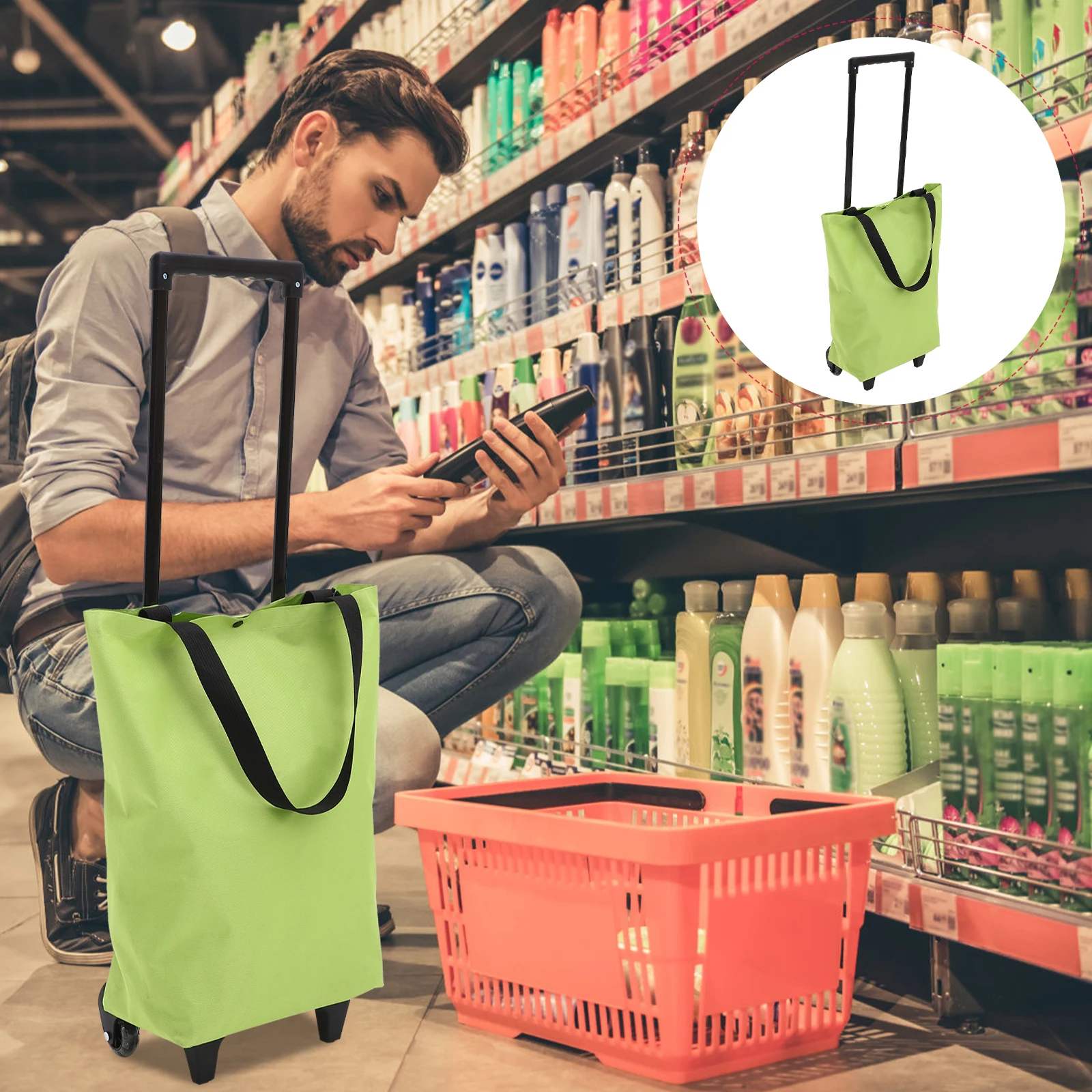 

Green Shopping Lightweight Tote Bag for Groceries Supermarket Use Portable Rolling Foldable Trolley for Women