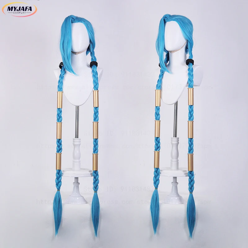 LOL Jinx Cosplay Wig Long Braided Blue The Loose Cannon Wig Braided Heat Resistant Synthetic Hair Party Anime Wigs + Wig Cap - view 2