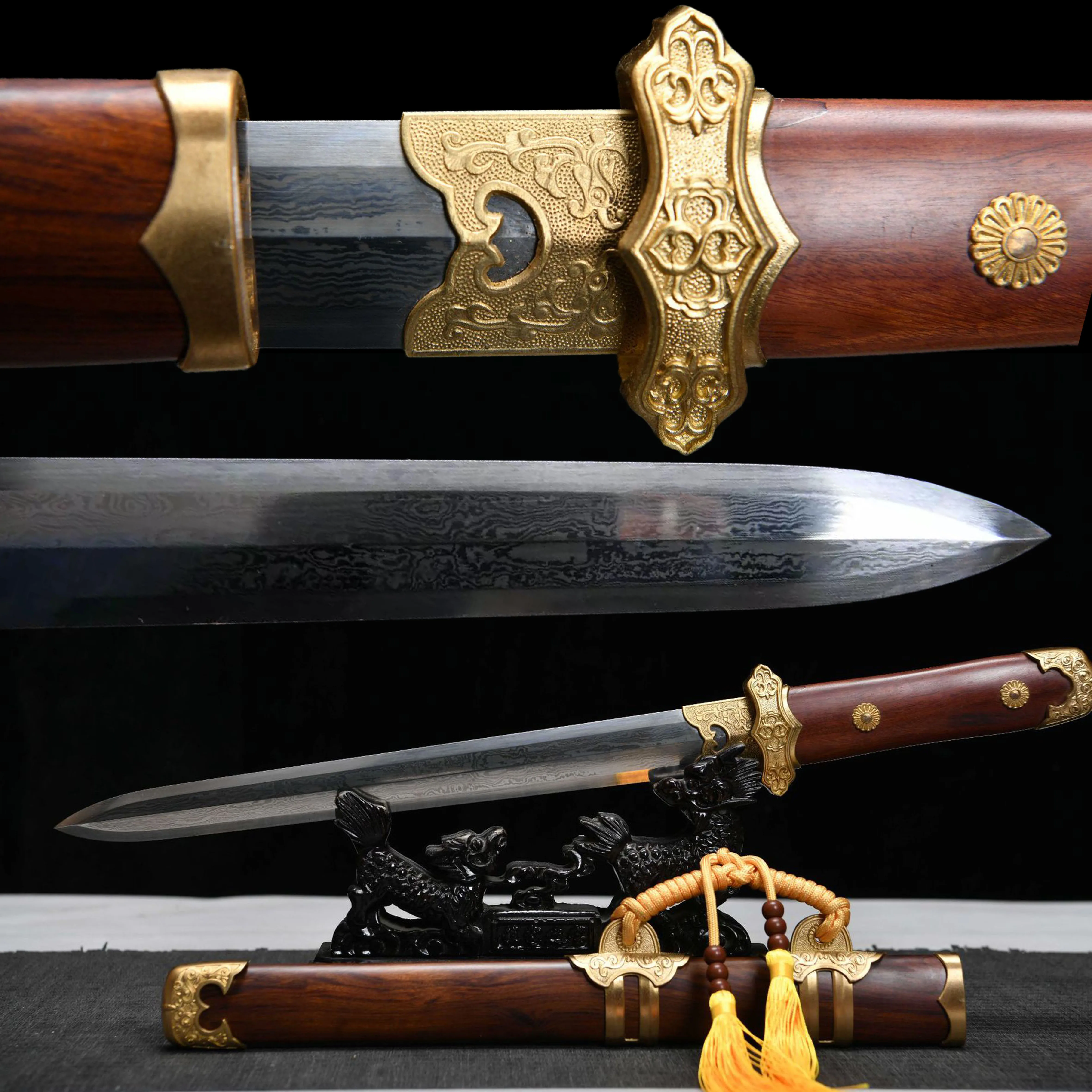 Medieval Gold full tang Damascus steel Good Luck short sword Vikings hunting battle ready to camp Sharp weapon katana