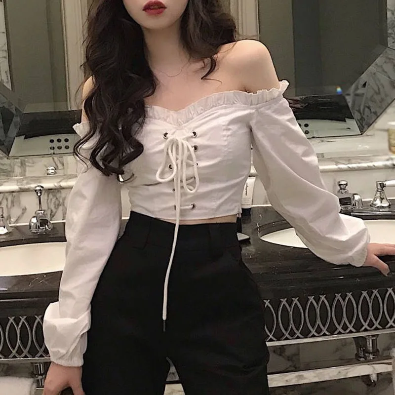 Retro Off Shoulder Lace Up Blouse Women High Waist T Shirts Drawstring Design Bubble Long Sleeve Crop Top Sweet And Spicy