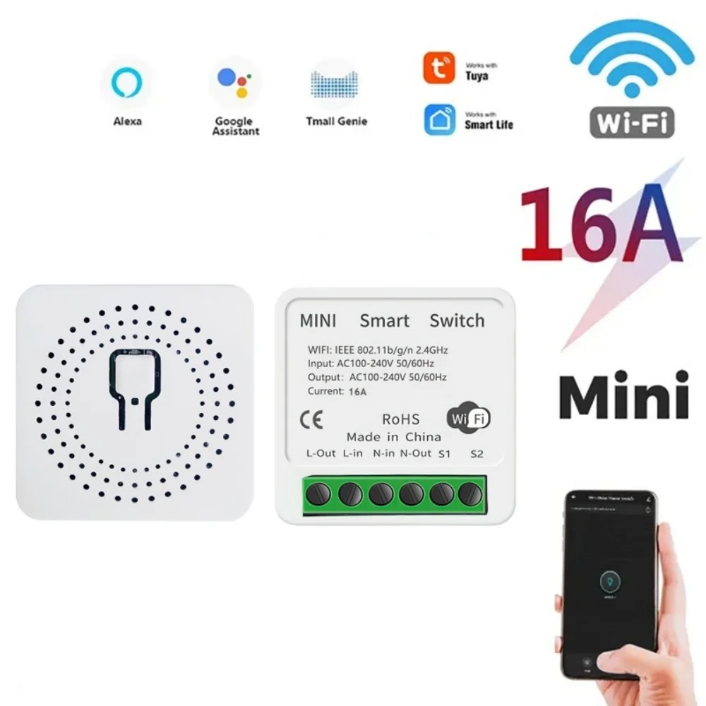 

Умный Wi-Fi выключатель Tuya с двухсторонним управлением, 16А/20А, беспроводной мини-выключатель, управление через приложение Smart Life, голосовое управление, совместим с Alexa и Google Home