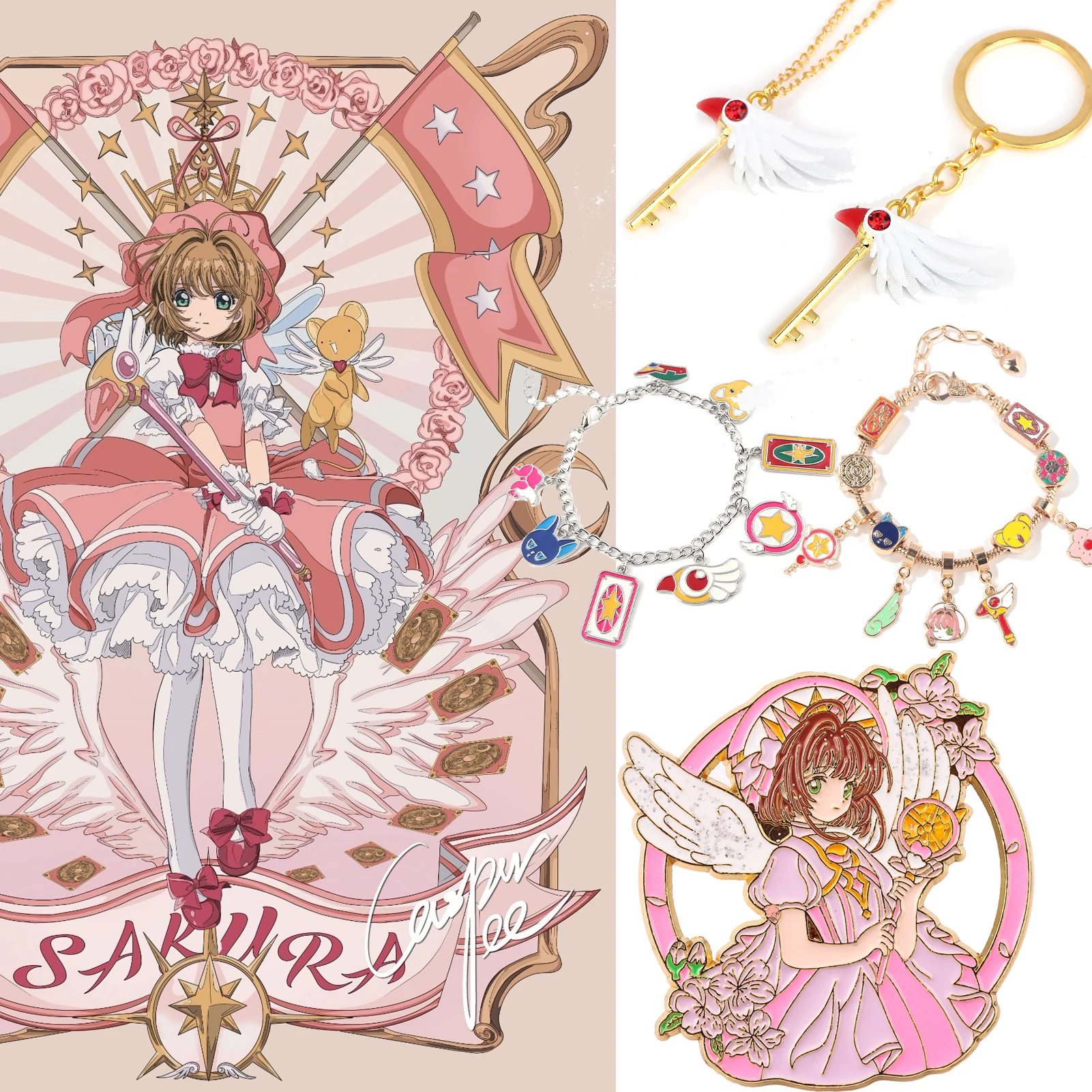 

Cartoon Anime Card Captor Sakura Choker Necklace Cardcaptor Sakura Pendant KINOMOTO Sealing Wand Bracelet Enamel Pins for Women