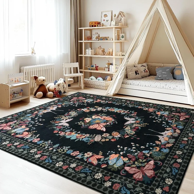 

Vintage Living Room Carpet Large Area Butterfly Floral Print Bedroom Rugs Machine Washable Non-slip Soft Coffee Table Mats Tapis