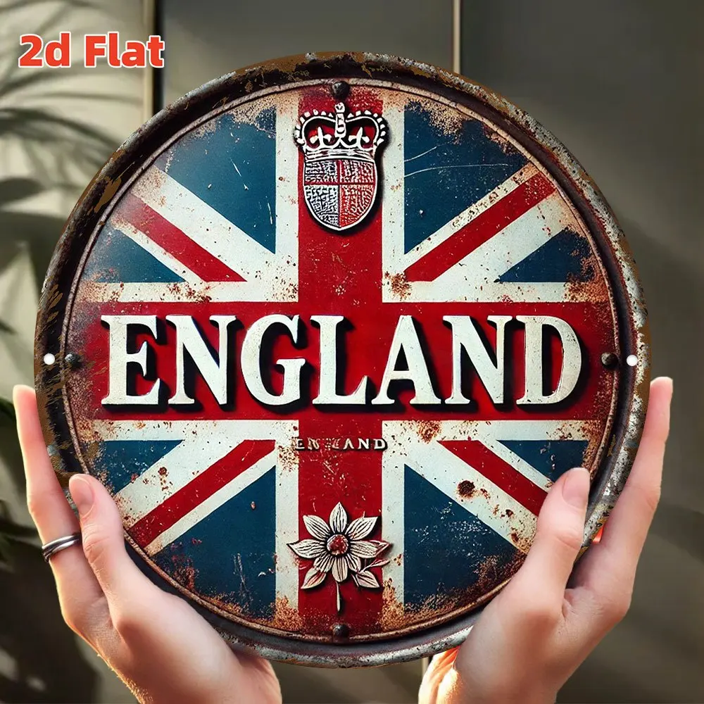 Insignia de bandera plana de Inglaterra 2D, arte de pared de aluminio redondo, emblema británico Vintage con corona y espadas cruzadas, decoración interior duradera para Bar