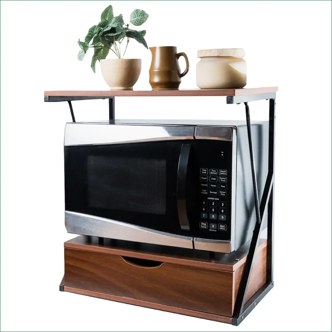 

Microwave Shelf with Drawer - 2-Tier Kitchen Organizer, Durable Storage Rack for Counter & Office