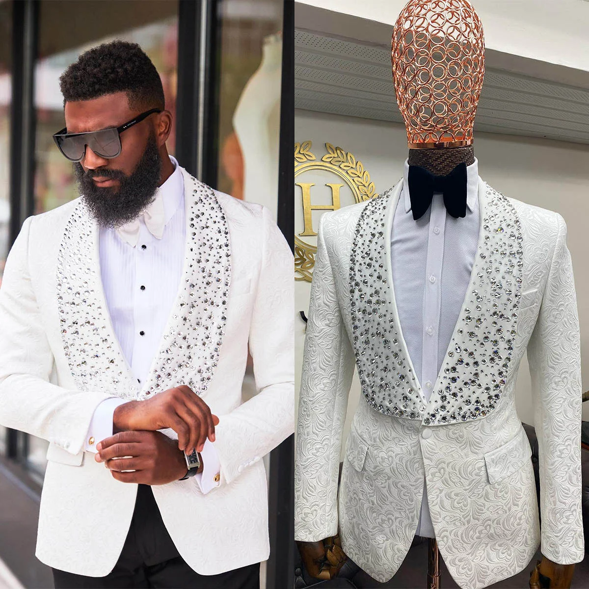 New Designer 2 Pcs Jacket Pants Wedding Suits for Man Shawl One Button Crystal Hot Fix Rhinestone Evening Party Wear Customized