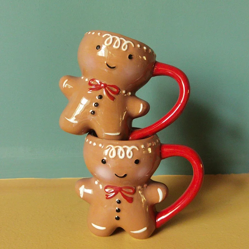 Gingerbread Man Mug Christmas Ceramic Tea Mugs 3D Gingerbread Man Ceramic Cup Milk Coffee Water Cup Mug Couples Xmas Gifts