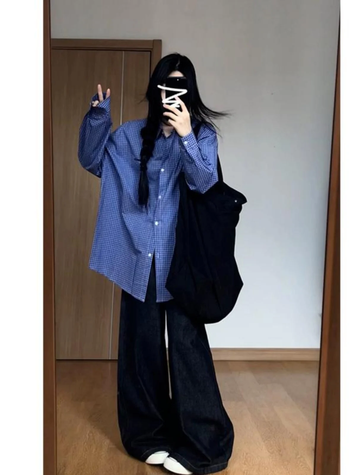 

Blue Plaid Loose Women's irt Jaet Korean Sle Spring 2026 New Sweet School Collar Long Sve Anti-Wrinkle