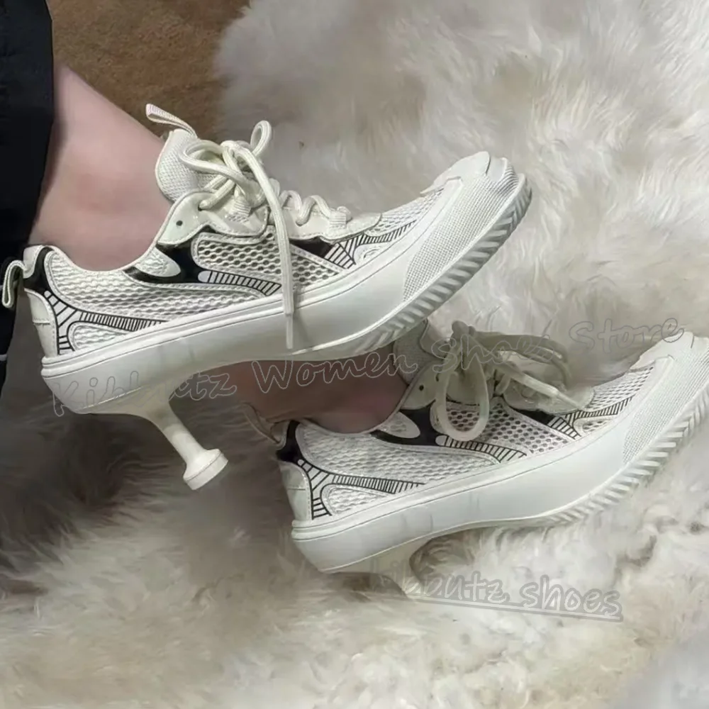 Patchwork Sneakers Round Toe Thin Heels Mixed Color Lace-Up Novelty Sexy Luxury Fashion Runway Show Comfortable Women Shoes New