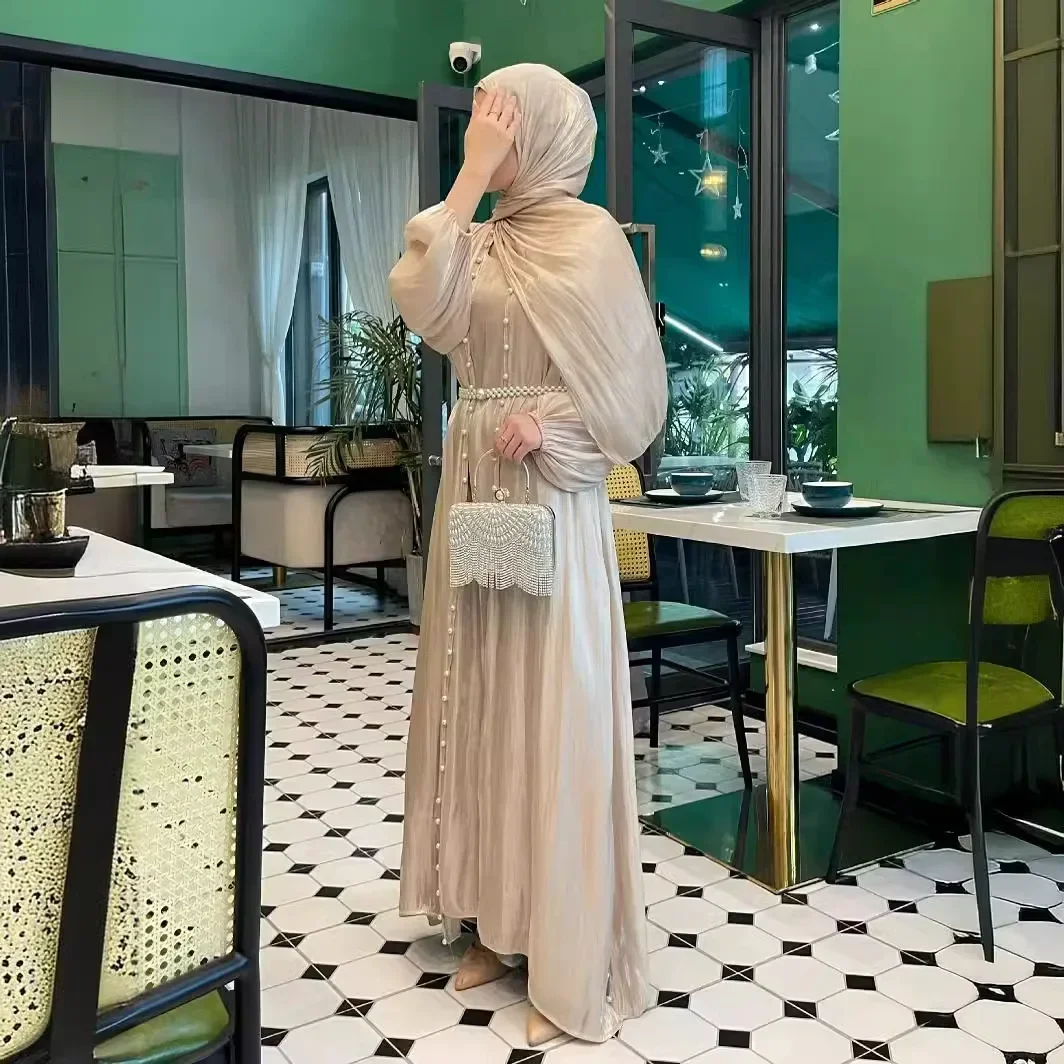 

Matching Inside Muslim Dress Dubai Abaya Elegant Beaded Cardigan with Puffed Sleeves Prayer Dress Muslim Set Sleeveless Dress