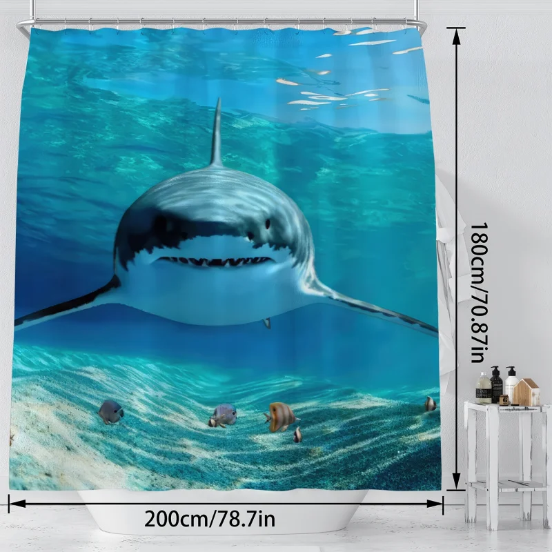 1pc Shark Pattern Shower Curtain, Waterproof Bathroom Partition Curtain with Hooks, Bathroom Accessories, Home Decorations