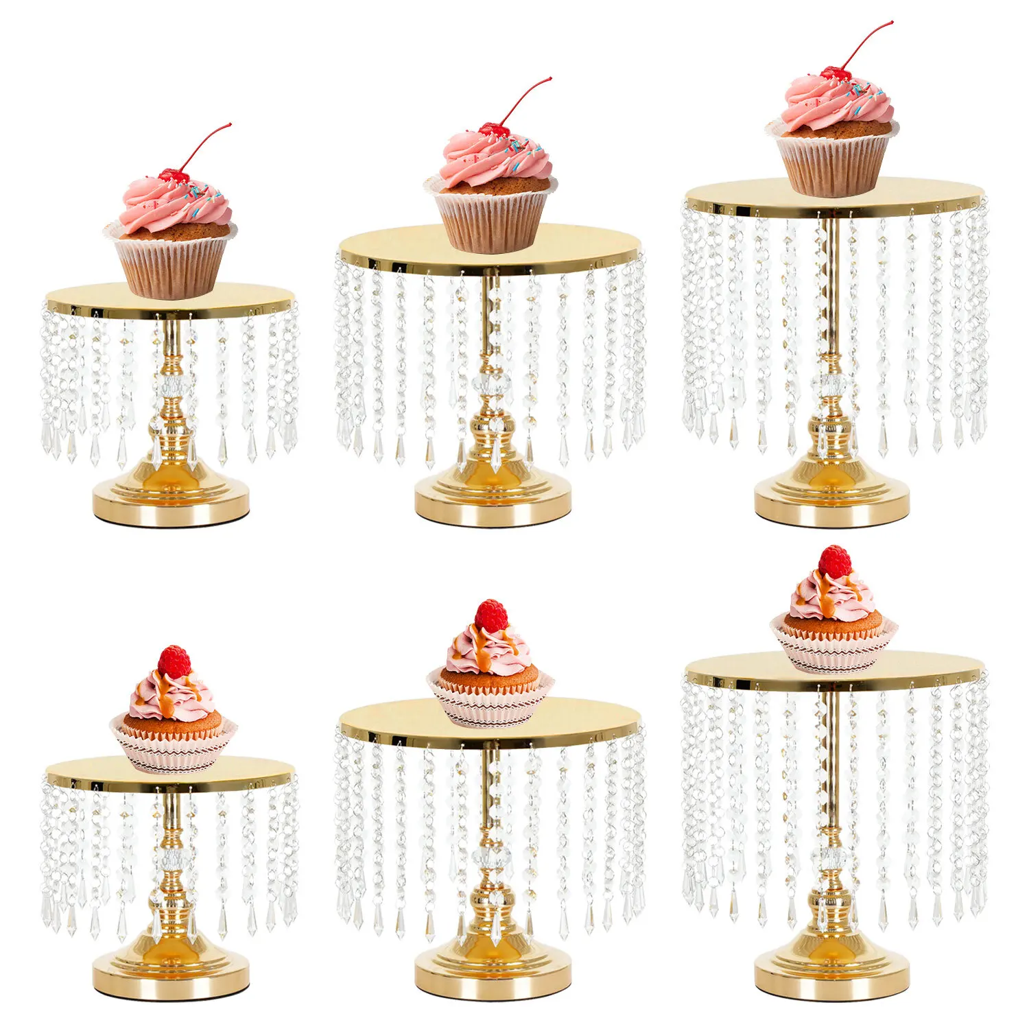 

Gold Wedding Cake Stand,6pcs Cake Stand with Crystal Pendants for Dessert Table for Wedding, Party, Events, Room Decor(Metal)