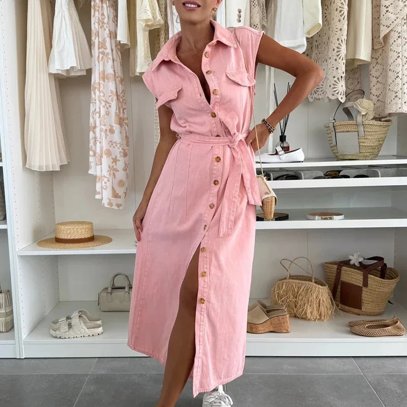 Women Solid Slim Lace Up Denim Long Dress Elegant High Waist Commute Dresses Temperament Sleeveless Single Breasted Lapel Dress