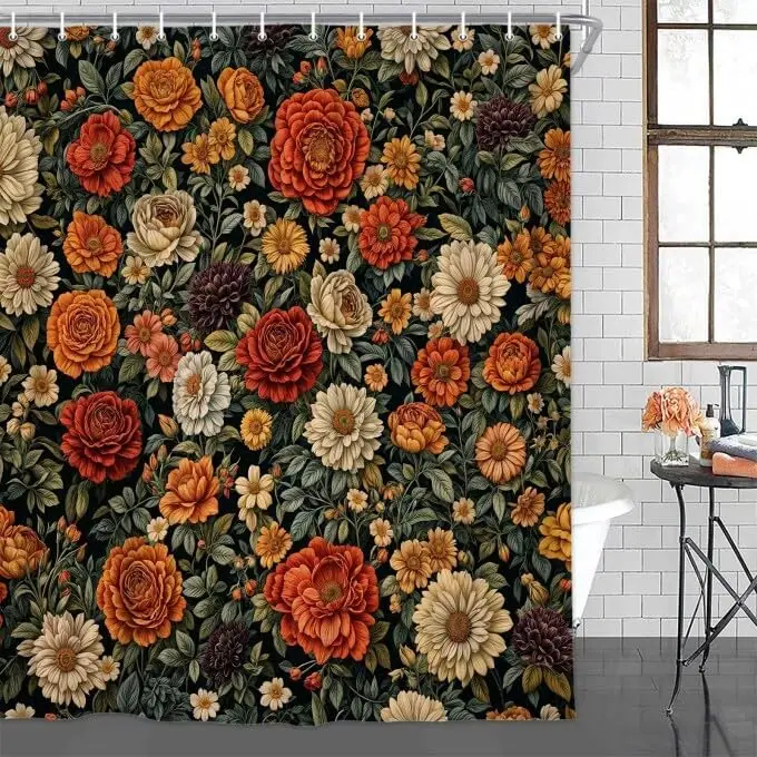 

Vintage Boho Floral Shower Curtain with Botanical Print, 72X72 Inch, Retro Flower Plants Design, Hooks Included - Perfect for Ba