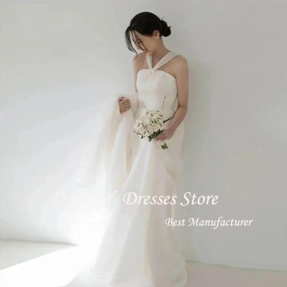 OLOEY Simple Halter Korea Wedding Dresses Customized Mermaid Elastic Satin Bride Photos Shoot Dress Floor Length Bridal Gown