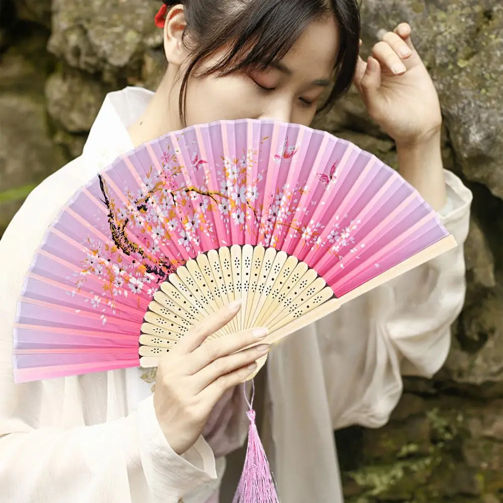 Fringed Dancing Fan Chinese Style Bamboo Folding Hand Fan with Imitation Silk Floral Print Tassel Pendant for Women Girls Dance