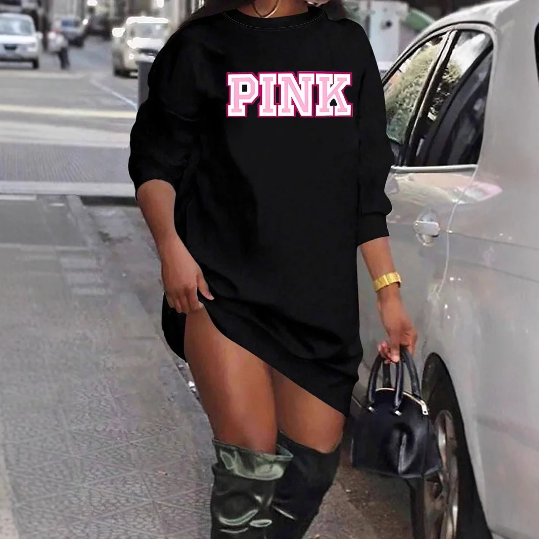 Women's Sweatshirts Dress O-Neck Loose Printed Pink Letter Streetwear Fit Idle Style Over Knee Long Straight Leg Casual Dresses