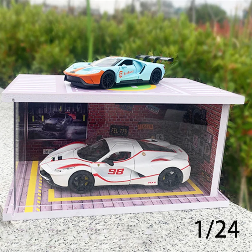 Diorama 1/24 Garage Model Car Diecast Vehicles Toy With LED Lights HD Acrylic Dustproof Display Collection
