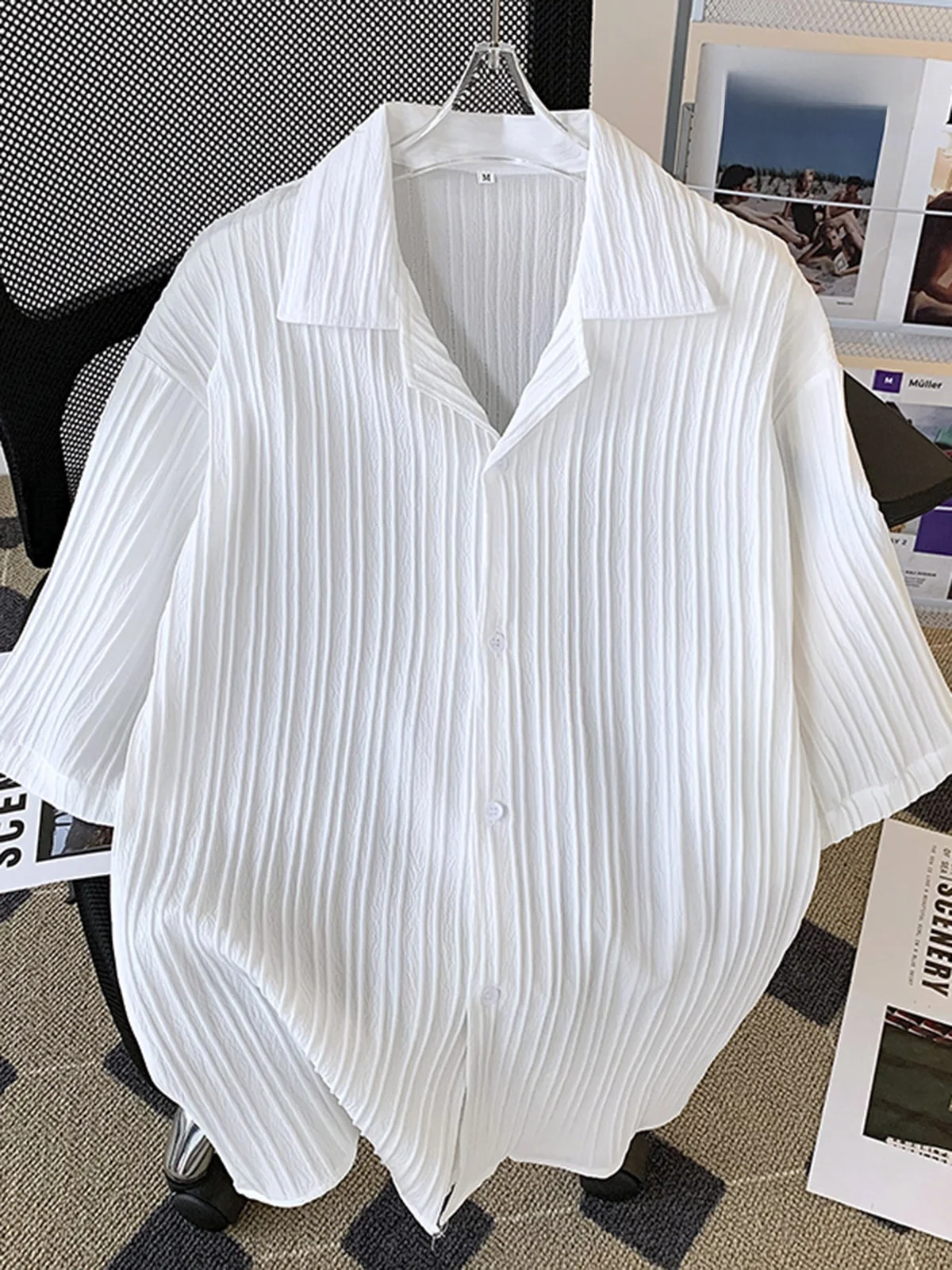 

Cuban Collar Short Sleeve Casual Shirt Men's Summer Thin Drapey Handsome Top Loose Fit Youthful Trend Color Korean Style