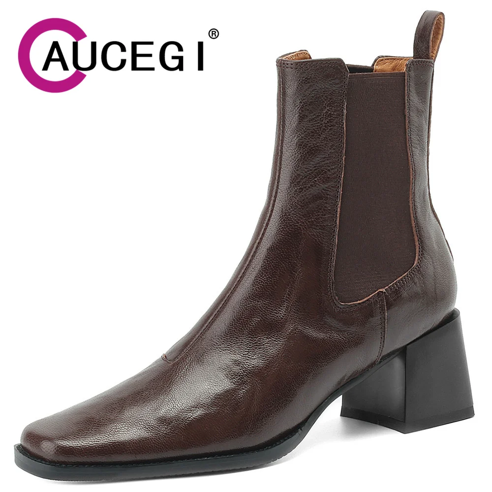 

Aucegi Fashion Square Toe Women Slim Chelsea Ankle Boots Genuine Leather Chunky High Heels Autumn Winter Dress Shoes Black Brown