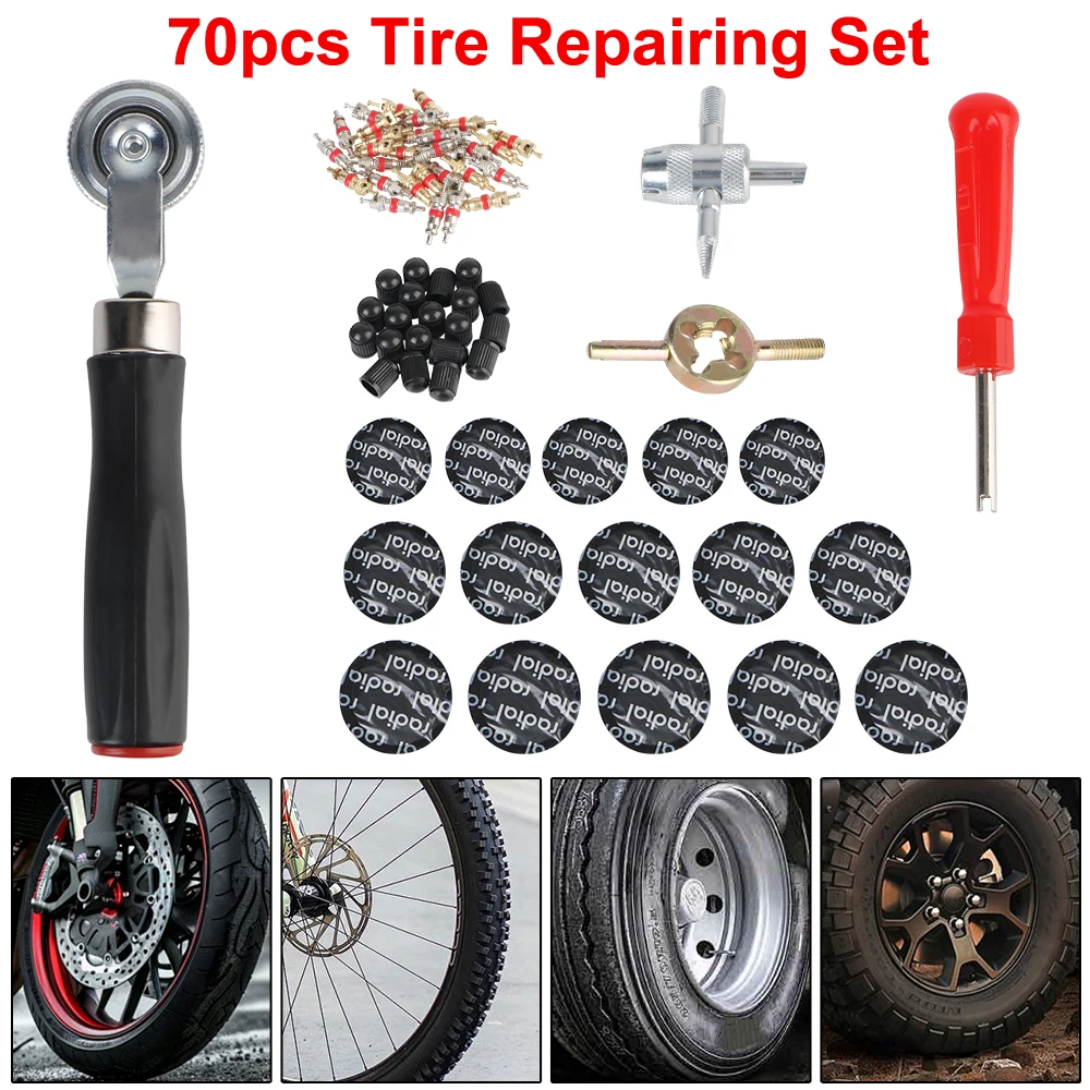 Car Tire Repair Tools Press Wheel Rod ​70pcs Studding Tool Set Tire Screwdriver Patch Nails Films Tire Valve Stem Core Remover