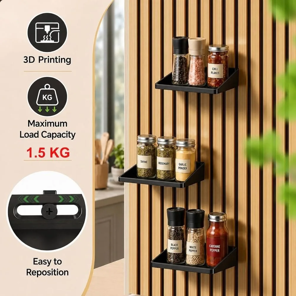 No Drill Acoustic Panel Shelf Damage-Free Floating Slat Wall Shelf Repositionable Raised Lip No Drill Shelf Storage Rack