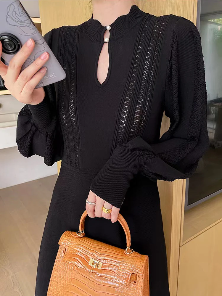 Autumm Winter New Fashion Black Knitted Dress For Women Pearl Buttons Hollow Out Long Sleeve A-line Robe Ladies Fashion Skirt