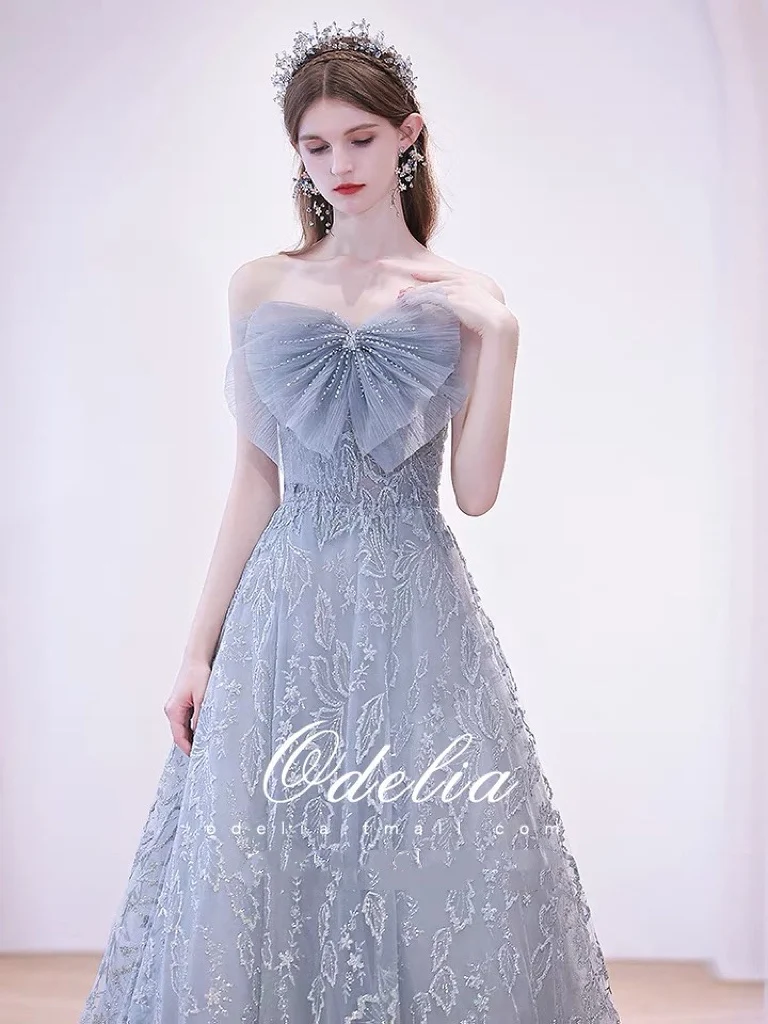 

Blue Gray Prom Dress Beading Off The Shoulder Bow Strapless Shing Sequined Beading A Line Wedding Party Bridesmaid Evening Gowns