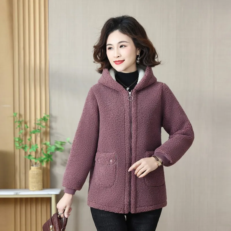 Manteau en laine d'agneau pour femme d'âge moyen, veste à capuche en coton peluche, vêtements d'extérieur chauds pour femme, sourire polaire, grande taille, hiver