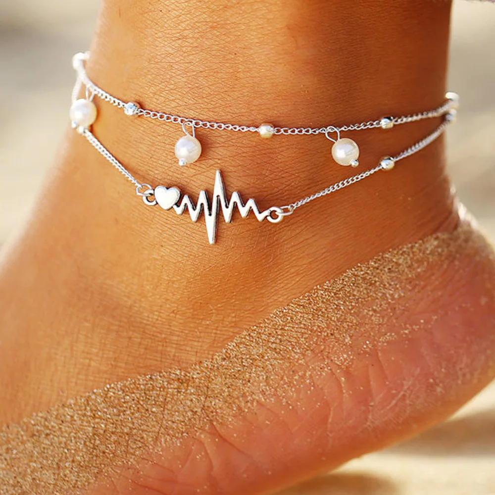 Bohemian Silver Color Heartbeat Pearl Bracelet On The Leg Fashion Anklets Barefoot For Women Chain Beach Foot Jewelry