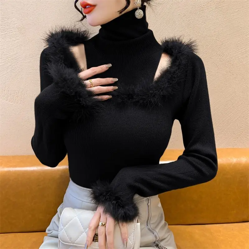 Hollow Out Splicing Fur Autumn and Winter High Neck 2023 Slim Fit Long Sleeved Base New Winter Pure Desire Internet Famous Top